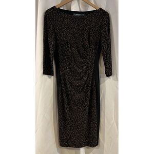 Ralph‎ Lauren Sheath Dress Women's Size 6 Leopard Ruched Waist Long Sleeve Lined